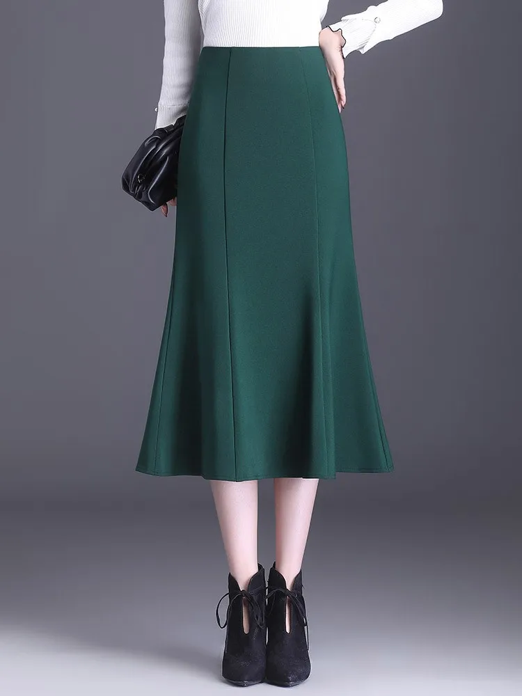 

New Women Twill Knit Mermaid Skirt 2023 Spring Autumn High Waist Office Lady Bodycon Skirt Work Wear Slim Ruffles Skirts