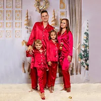 Family Look Christmas Pajamas Nightwear Satin Silk Tops+Pants 2pcs Sleepwear Pajamas Solid Matching Suits For The Whole Family 2