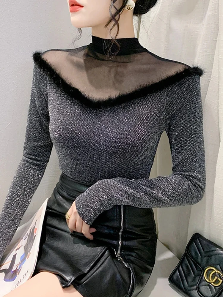 

Winsleter Elegant Basic Tshirt Long Sleeve Tees Autumn Winter Women Turtleneck Patchwork Shiny Lurex Slim Mesh Tops T30704JC