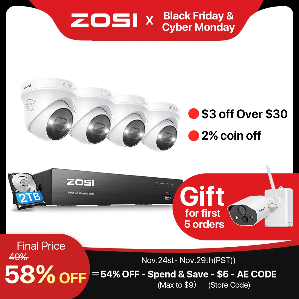 ZOSI 8CH 4K PoE Video Surveillance Cameras System Spotlight Two Way