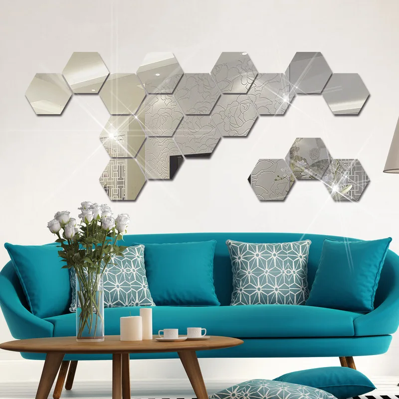 Wall Sticker Mirror Wall Sticker Acrylic Wall Sticker Acrylic Mosaic Tiles Sticker 12 Pcs Mirror Wall Stickers Hexagon 3D Acrylic Self Adhesive Tile Decals DIY Home Decor Art Mirror Red Blue Black Gold Silver