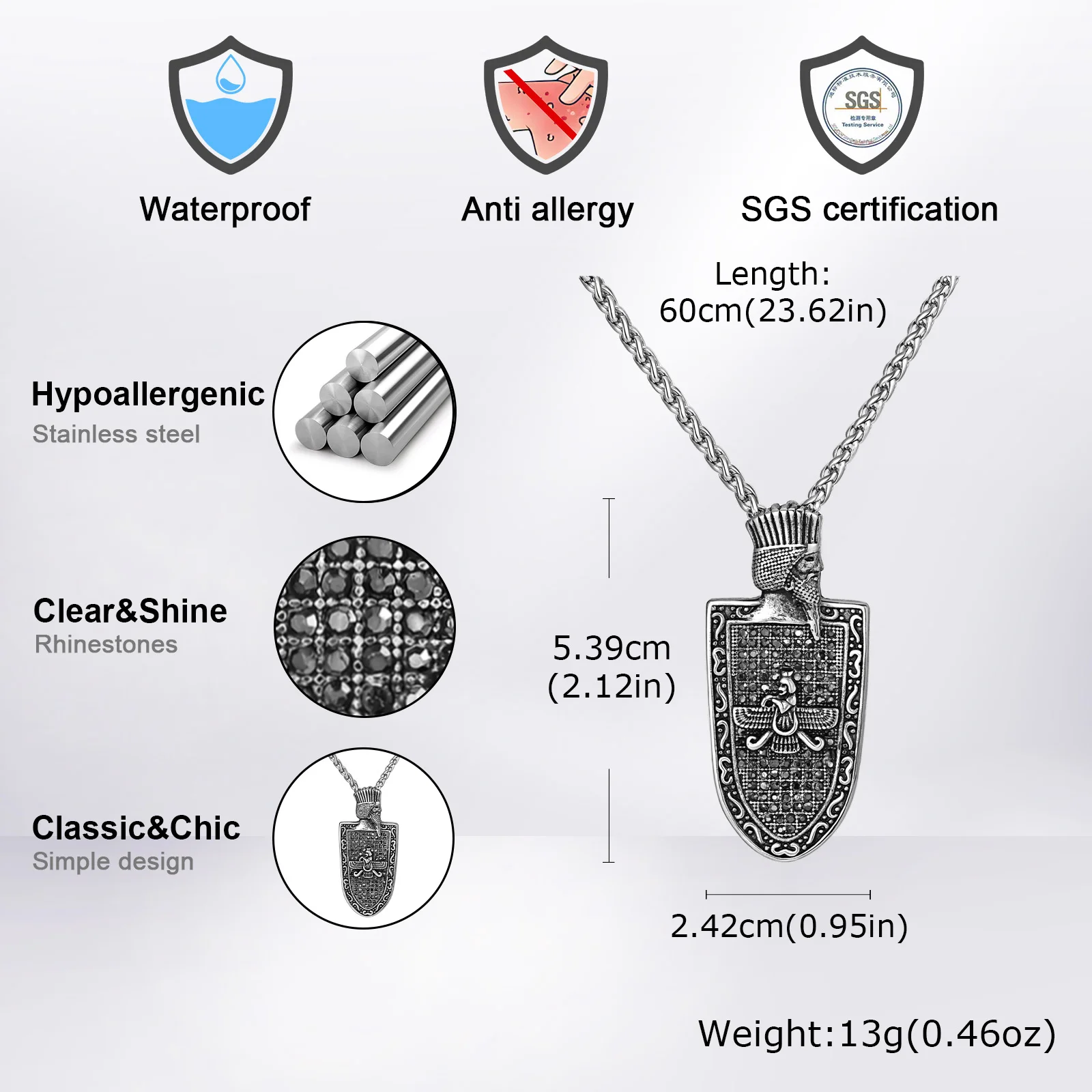 Men Zoroaster Zoroastrian Pendant Necklace,Stainlesss Steel Black Zircon Shield Pendant Necklace Gift