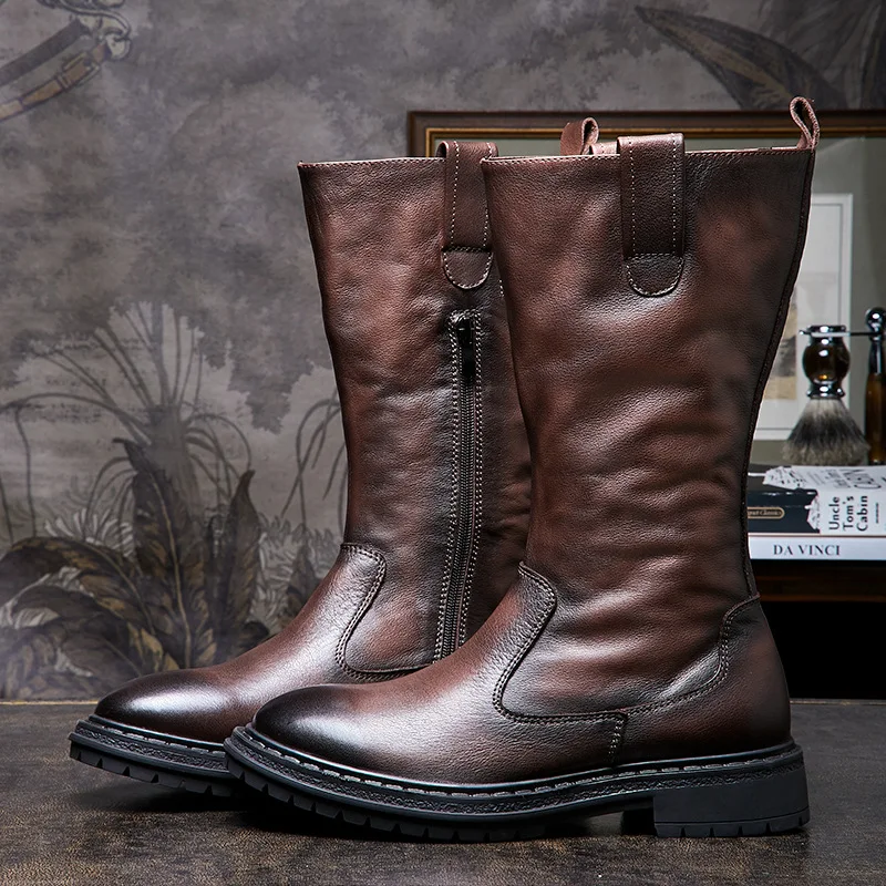 

Retro cowhide boots Riding boots Rider boots Leather men's shoes platform high boots
