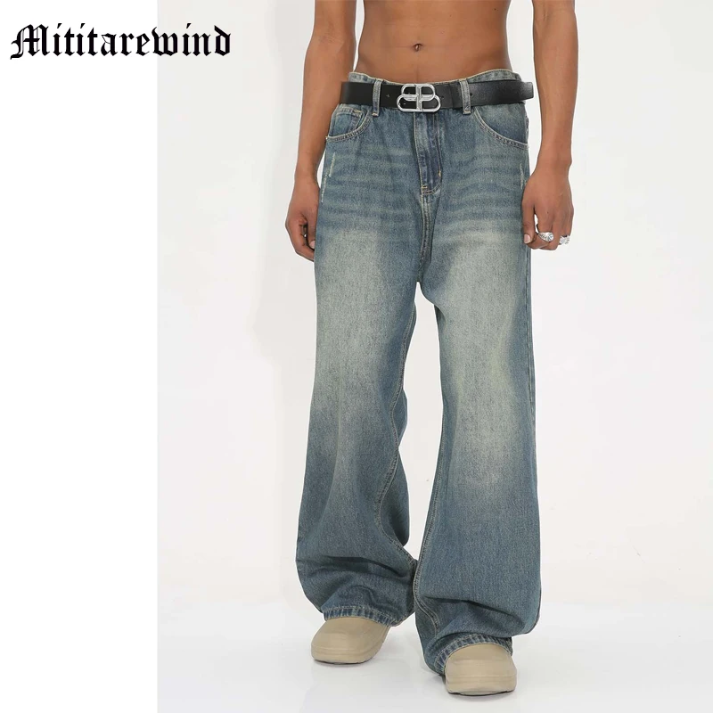 

New Men's Jeans Loose Straight Distressed Vintage Retro Casual Full Length Denim Pants Wide Leg Versatile Simple Blue Trousers