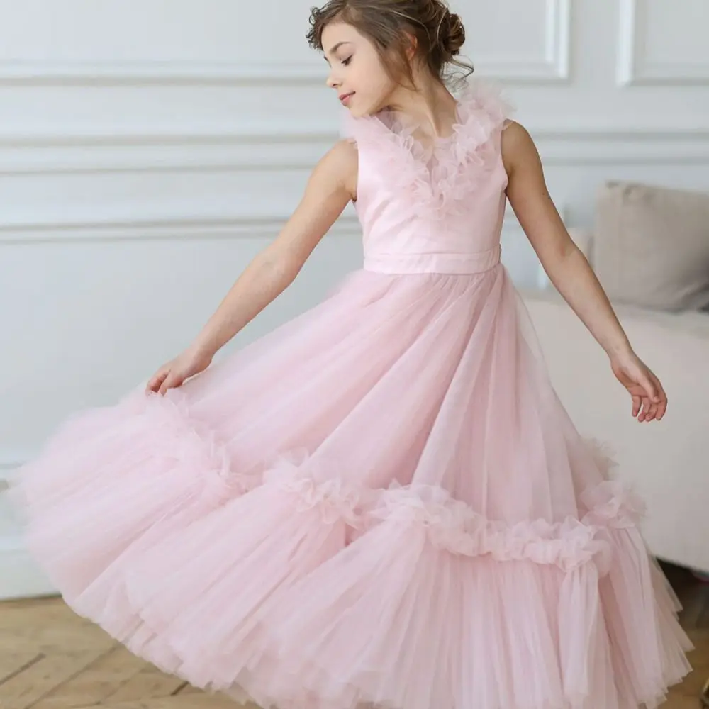 

Puffy Girl Dress Pink Baby Dress with Train Flower Girl Dress Bow Cute Kid's Child Birthday Dresses Frist Communion