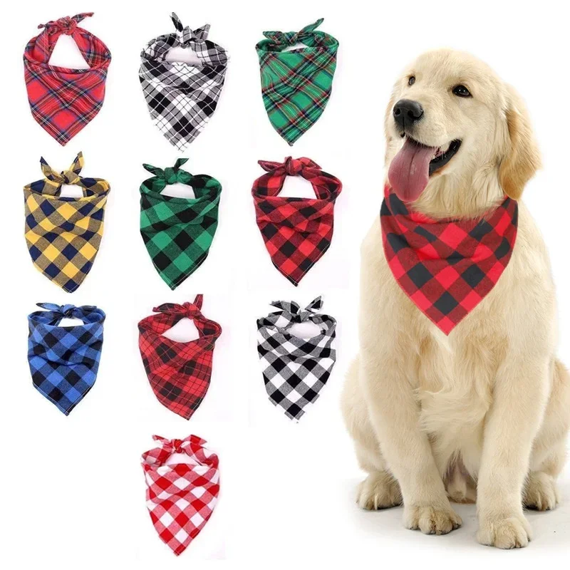 Large Pet Scarf Bandana for Dogs Cotton Plaid Washable Bow Tie Collar Cat Puppy Triangular Scarf Bib – Dog Accessories