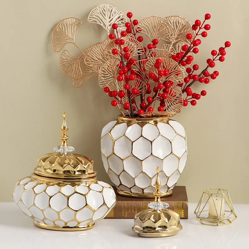 Ceramic Vase Porcelain Ginger Jar Gold Check Irregular Handicraft Storage Tank Flower Vase Home Decoration Accessories view 2