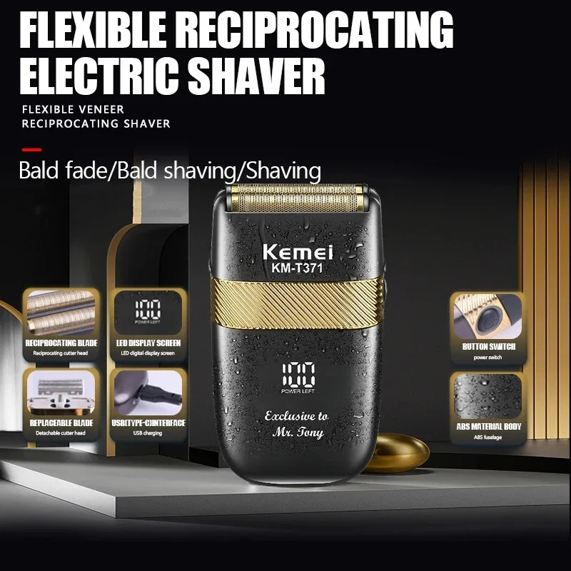 케메이 T371 남성용 전기 면도기 방수 왕복 무선 면도기 바버 트리머 USB 충전식 면도기