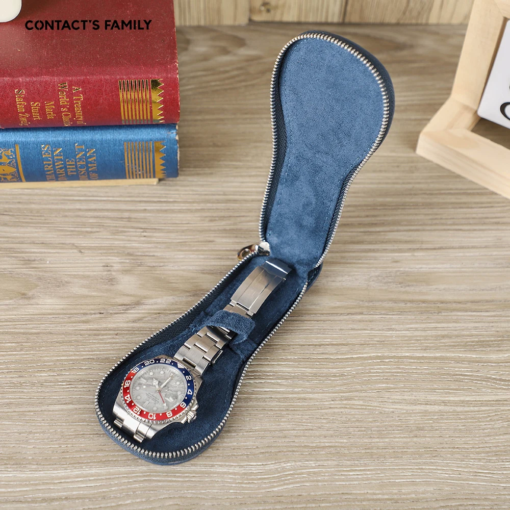 CONTACT'S FAMILY Single Slot Watch Case Handmade Vintage Cowhide Leather with Zipper Travel Portable Bag Display Organizer