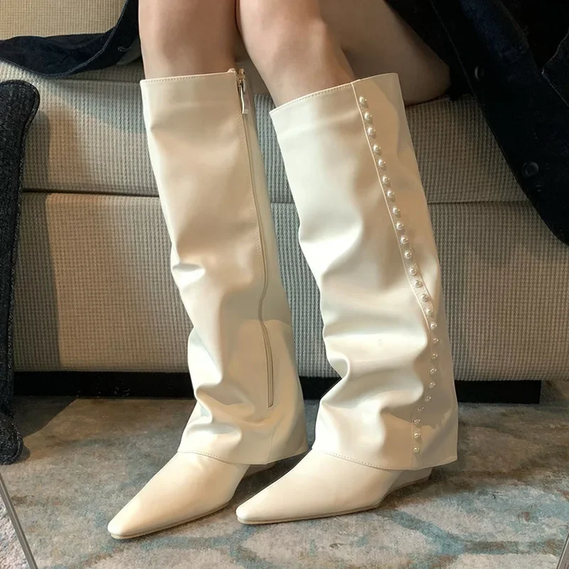 

Korean White Solid Trouser Boots Women's Winter Fashion Pointed Toe Wedge Heel High Knee Long Street Model Boots Botas De Mujer