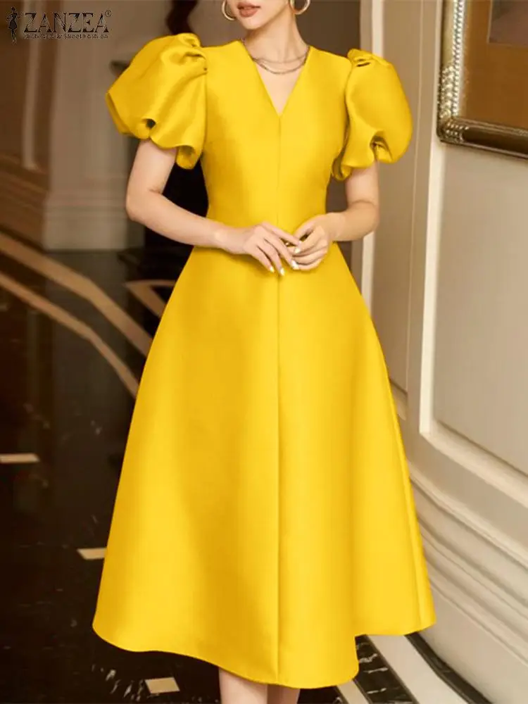

Платье ZANZEA женское с пышными рукавами и V-образным вырезом, Элегантный Модный Однотонный сарафан в винтажном стиле, большие размеры, лето 2024