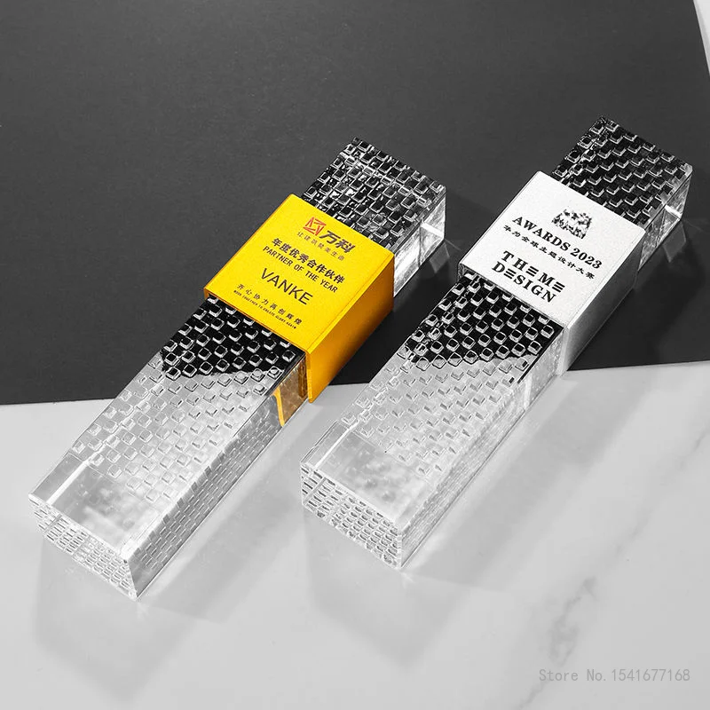 Customized Rectangular Pillar Crystal Trophy, Employee Annual Meeting Celebration Souvenir Excellent Awards, High-end Medal, 1Pc