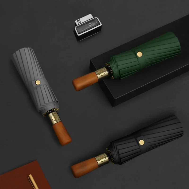 Automatic Wooden Handle Large Folding Windproof Umbrella
