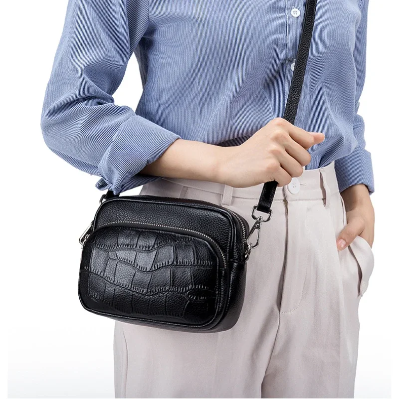 Stylish Shoulder Crossbody Bag for Women with Genuine Cow Leather and Crocodile Texture Small Square Handbag