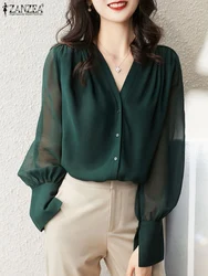 ZANZEA Casual Women Tops Fashion Long Lantern Sleeve Blouses Vintage V-Neck Sheer Shirts 2023 Autumn Elegant Buttons Chic Blusas