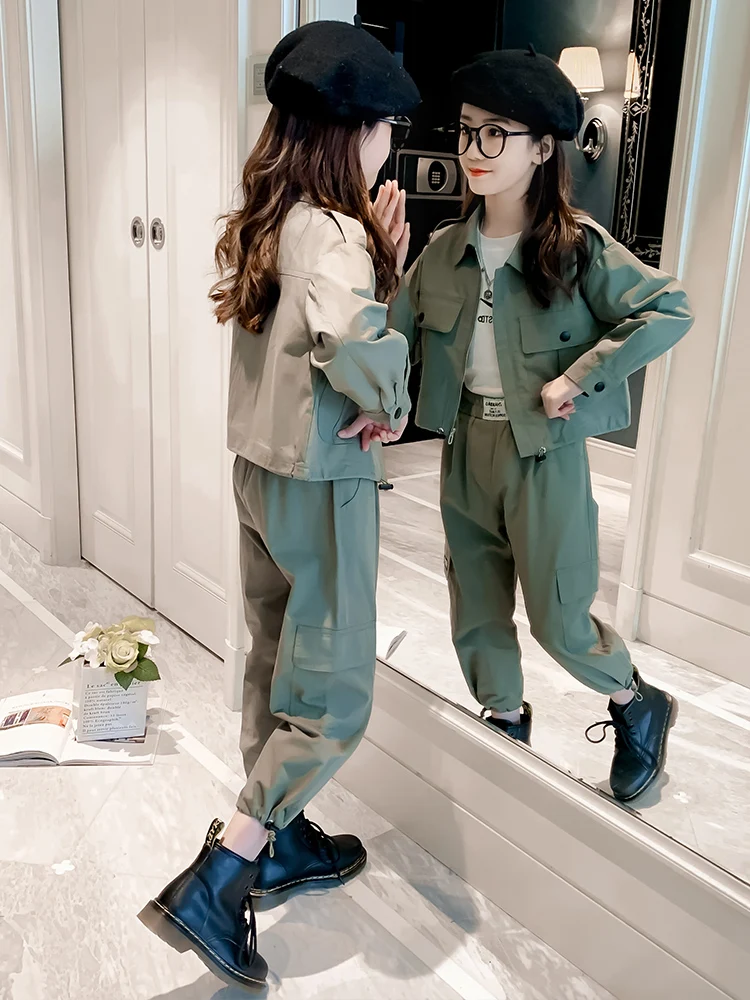 

Children's Streetwear Clothing Set Solid Color Tracksuits For Girls Jacket + Pants Costumes For Teenage Children's Sports Suit