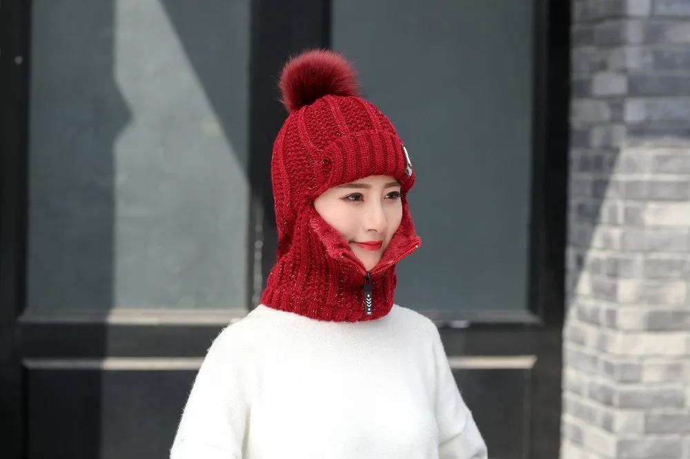 Lässige, winddichte Strickmütze aus Wolle, Nackenwärmer, verdickter Gehörschutz, warm halten, Bommelmütze für Damen – Detail 16