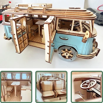 Bus retrò camper in stile europeo 3D auto in legno puzzle fai da te nave a vela aereo edificio modello di casa puzzle giocattoli per bambini 1