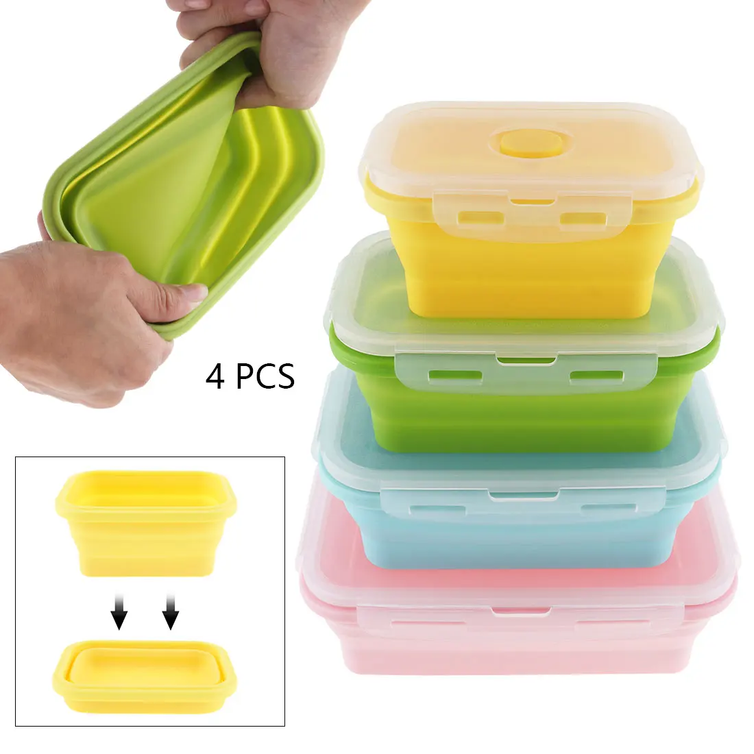 

4pcs/set 350ml 500ml 800ml 1200ml Lunch Box Portable Rectangle Silicone Folding Lunchbox Bento Box for - 40 to 230 Centigrade