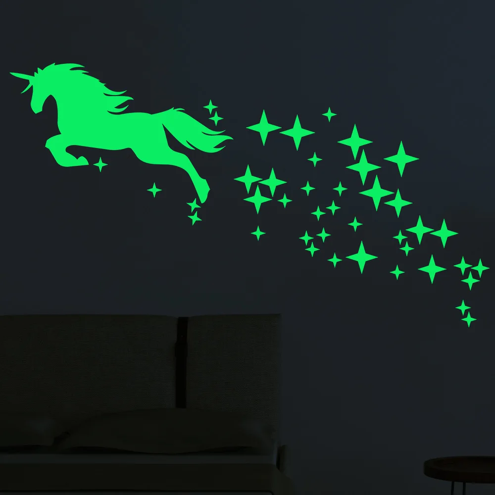 Luminous Unicorn 3D Wall Stickers Set Green Stars DIY Art Decals Glow in The Dark Sticker for Kid Room Bedroom Home Decoration