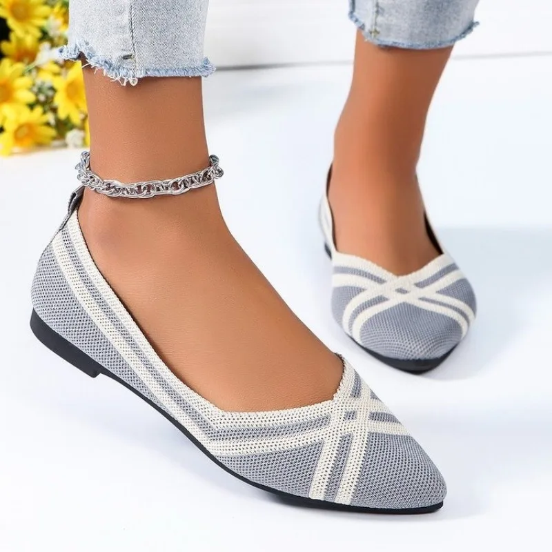 Autumn Women Casual Shoes for Woman Slip-on Pump Knit Single Flat Shoes Breathable Pointed Head Ladies Cloth Loafers Size 43 5