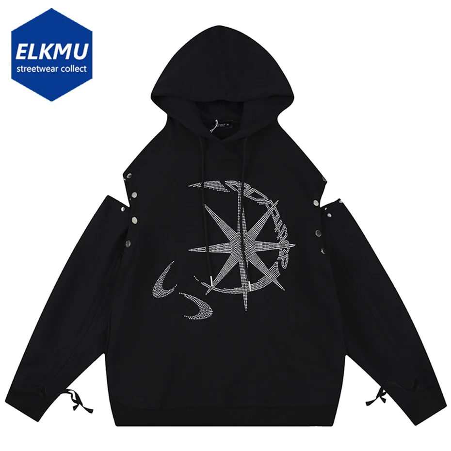 

2023 Men Streetwear Hoodie Sweatshirt Detachable Sleeve Pasted Rhinestone Graphic Harajuku Pullover Vest Oversized Hip Hop Y2K
