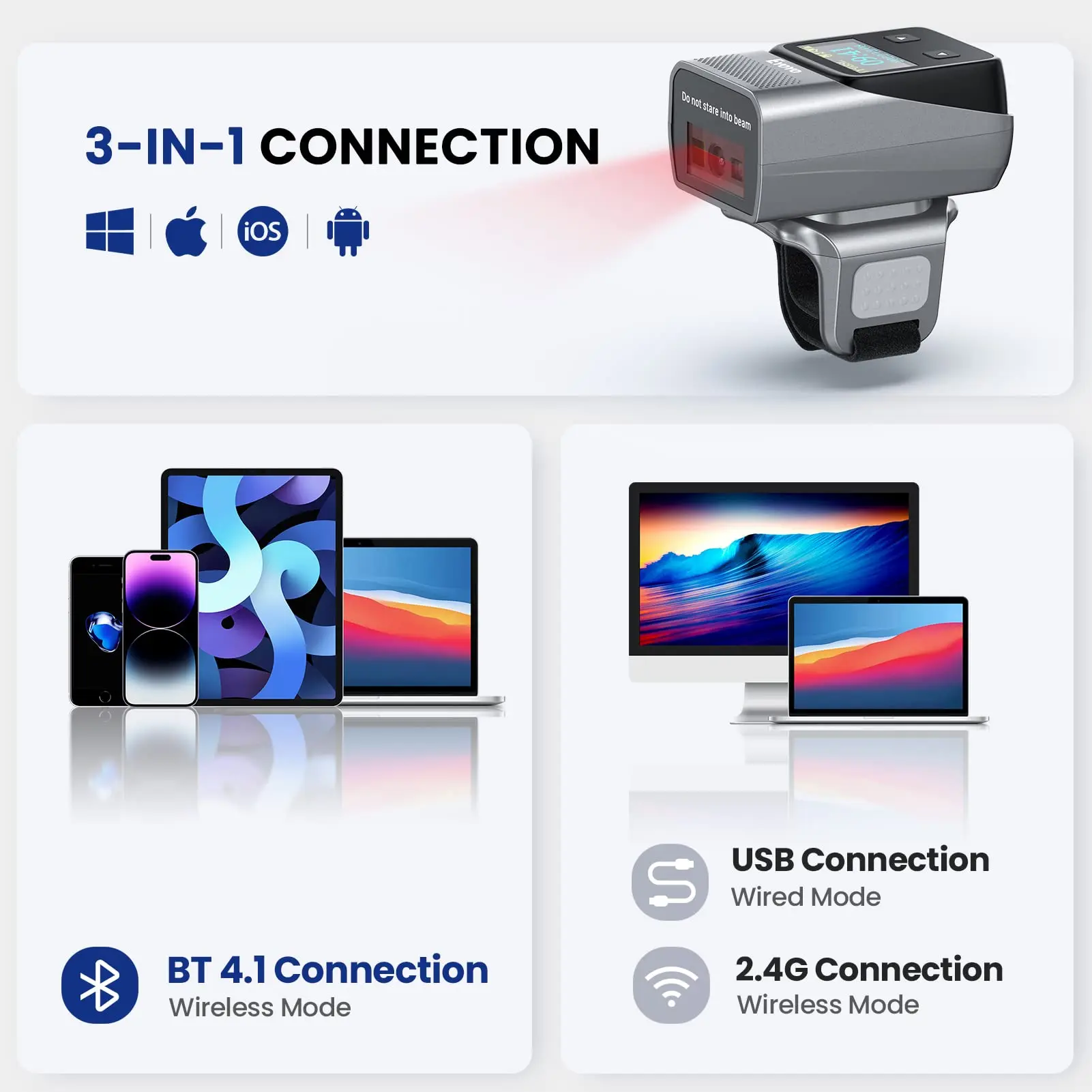 Eyoyo EY-038 Ring Barcode Scanner with Screen 1D Laser/2D Mini Wearable Bluetooth Finger QR Code Reader Support Screen Scanning