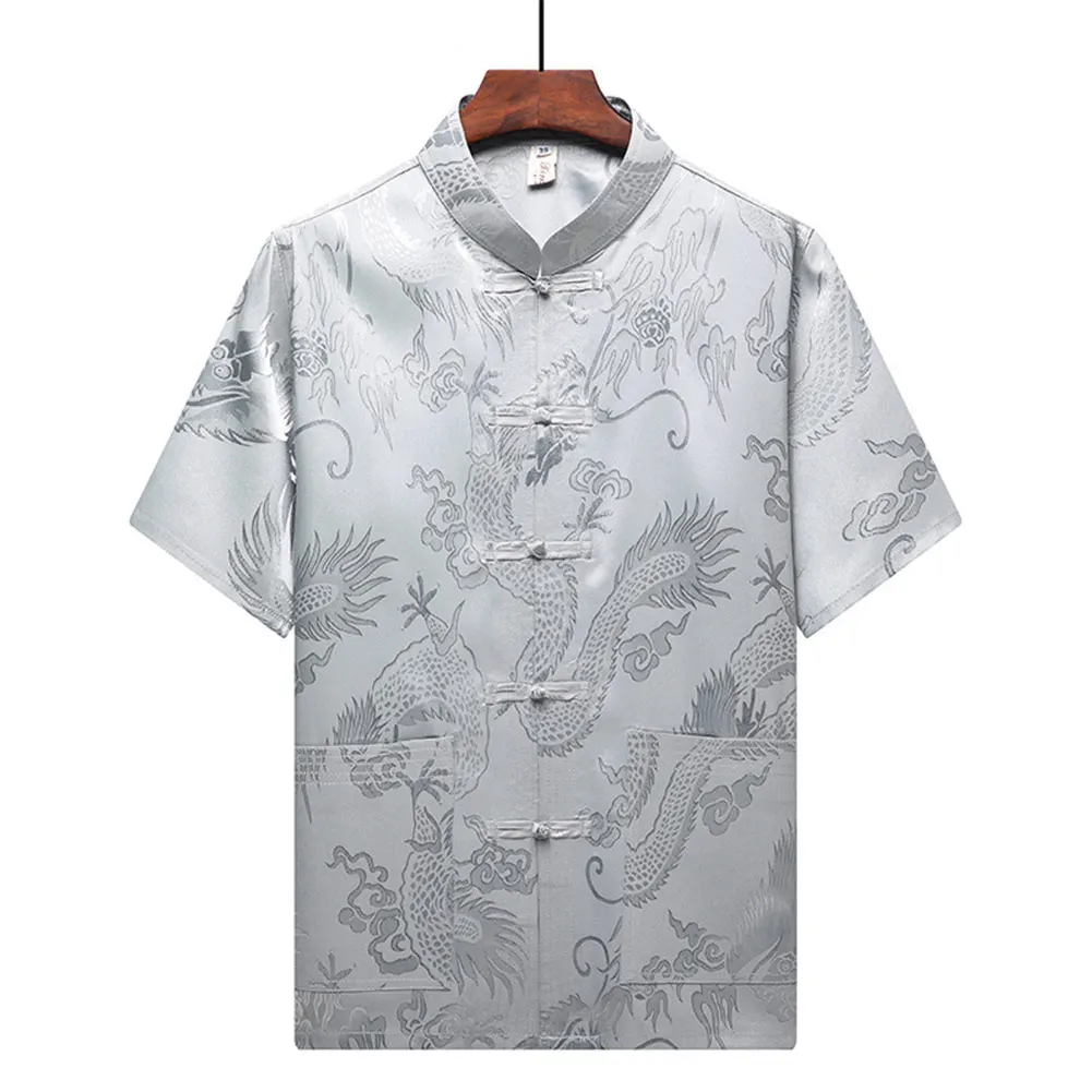 

Men Chinese Traditional Shirt Plus Size Short Sleeve Cheongsam Top Outerwear Men's Silk Satin Kung-Fu Shirt Top With Dragon
