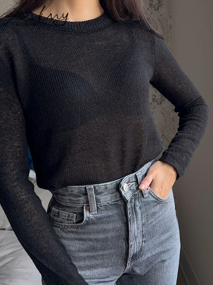 Thin Hollow Out Knit Sweater Women Spring Summer Slim White Long Sleeve Transparent Knit Short Tops Black Women's Pullovers 2