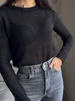 Thin Hollow Out Knit Sweater Women Spring Summer Slim White Long Sleeve Transparent Knit Short Tops Black Women's Pullovers 2