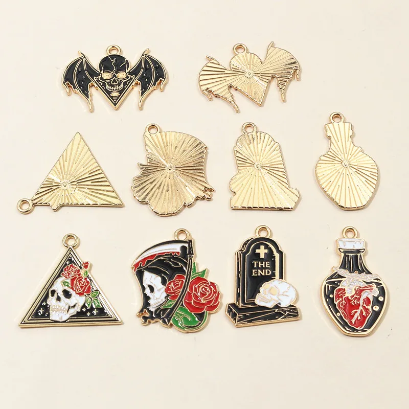 10pcs 꽃 두개골 묘비 매력 펜던트 에나멜 고딕 펑크 스타일 DIY 쥬얼리 만들기 액세서리 목걸이 팔찌