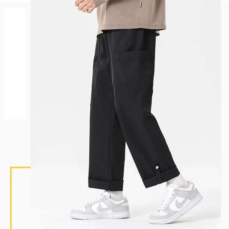 Spring Autumn Men's Pockets Solid High Waisted Elastic Casual Loose Straight Leg Trousers Casual England Style Vacation Pants