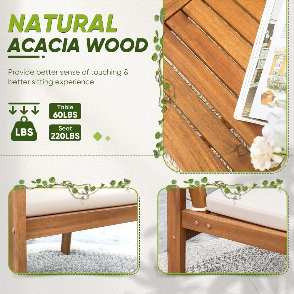 Acacia Wood Patio Furniture with Coffee Table & Cushions Outdoor Conversation Set Balcony Chairs for Porch, Deck 5