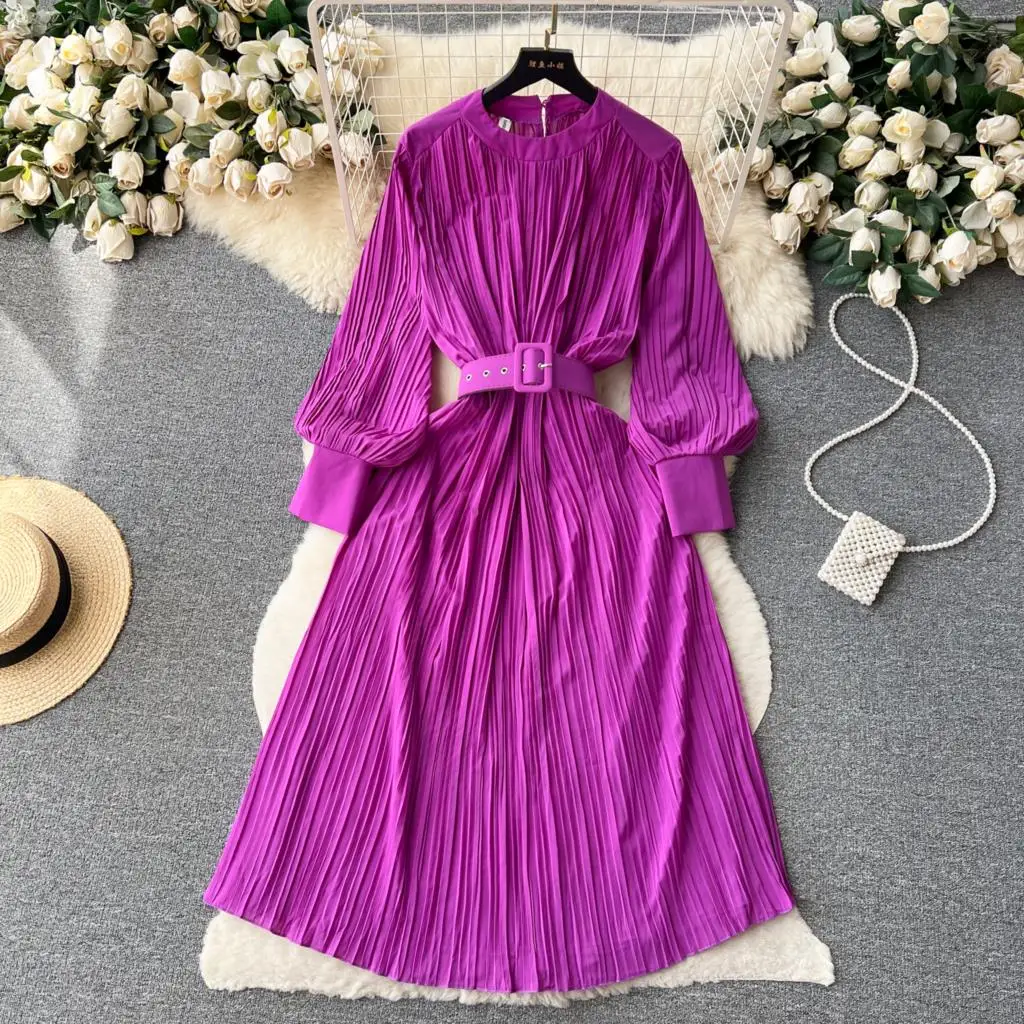

Women Fashion Vintage A-Line Midi Prom Dress Elegant and Chic Solid Pleated Party Vestidos with Belted Female One Pieces Robe