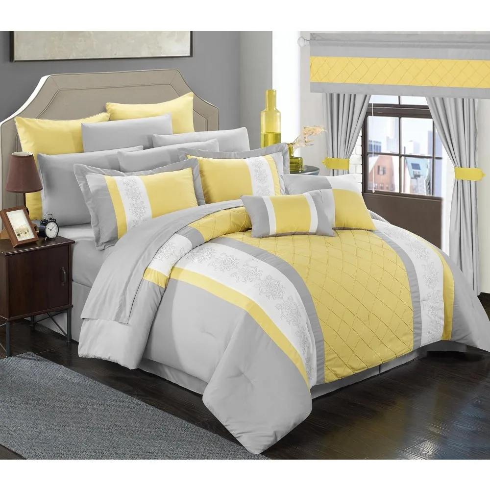 Chic Home Hotel Cabin Bedroom Yellow Bed in a Bag Comforter Set, King Size (24 Pieces), Embroidery Colorblock Bedding