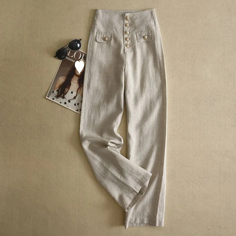 High Waist Casual Pants Female Large Size Korean Style New Fashion Simple Chic Elegant Light Commuter Linen Pants Y2k