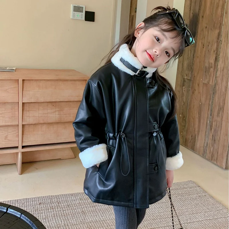 

Winter Autumn Girls Pu Jacket Baby Jacket Kids Coat Children Tops Fashion Faux Leather Warm Velvet Buckle Coul 2-7Y