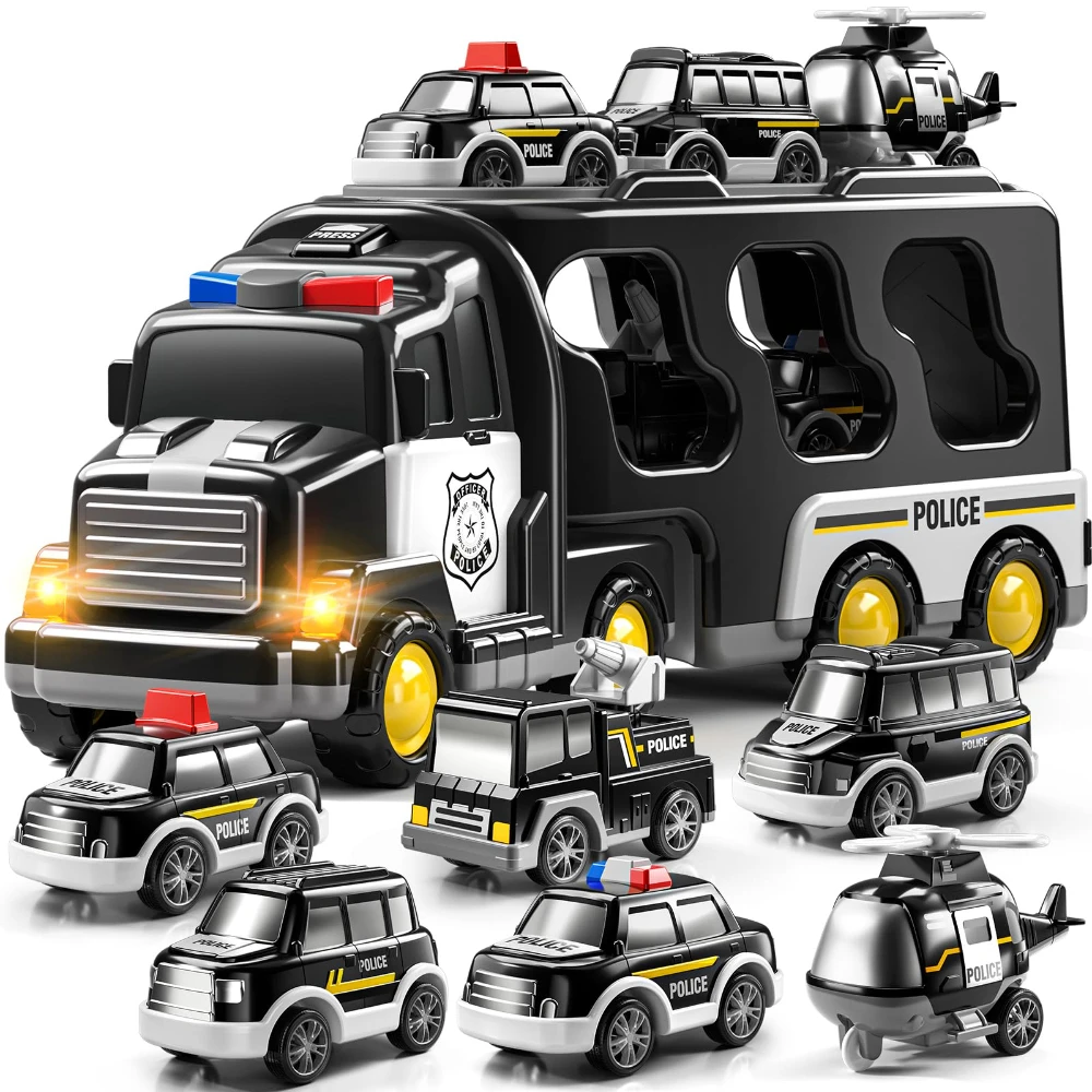 WizKidz Police Truck Toys for Boys & Girls - Carrier Vehicle Set with 5 Mini Cars & 1 Helicopter for Kids Age 3+ Christmas Gift 5