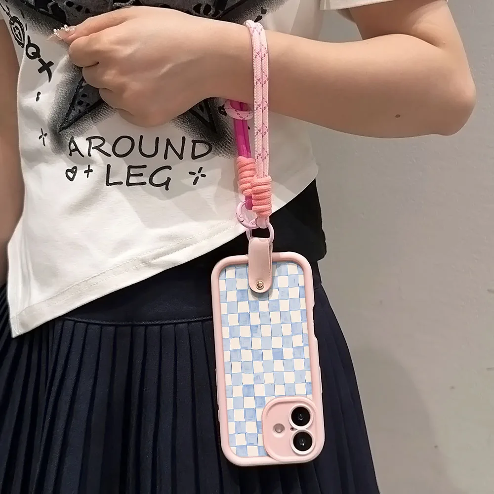Watercolor Grid Checkered Lanyard Phone Strap Case