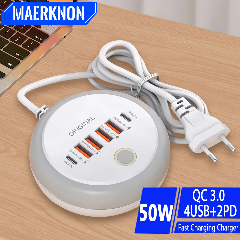 Chargeur rond créatif PD 50W, 6 Ports USB Type C, adaptateur de téléphone avec lumière LED tactile, pour iPhone 15, Samsung, Xiaomi, Huawei
