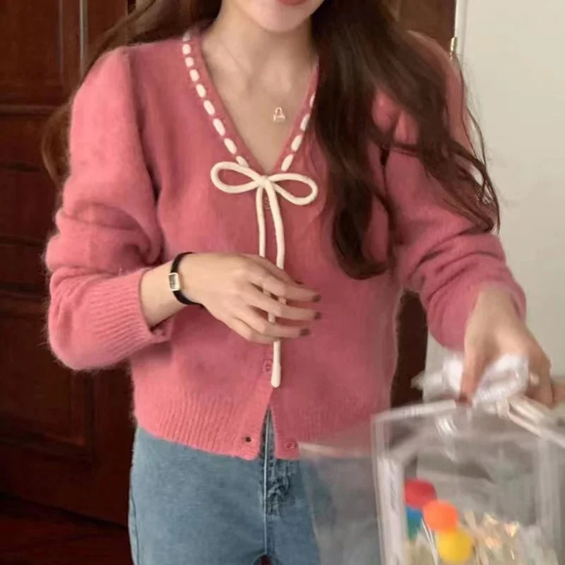 Spring and Autumn Sweet Small Fragrant Style Bow Tie V-Neck Loose Versatile Long Sleeve Knitted Cardigan Sweater
