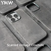 YMW Scars Crazy Horse Genuine Leather Case for iPhone 16 Pro Max 15 14 13 Mini Magnetic PULL-UP Frosty Cowhide Phone Cover 1