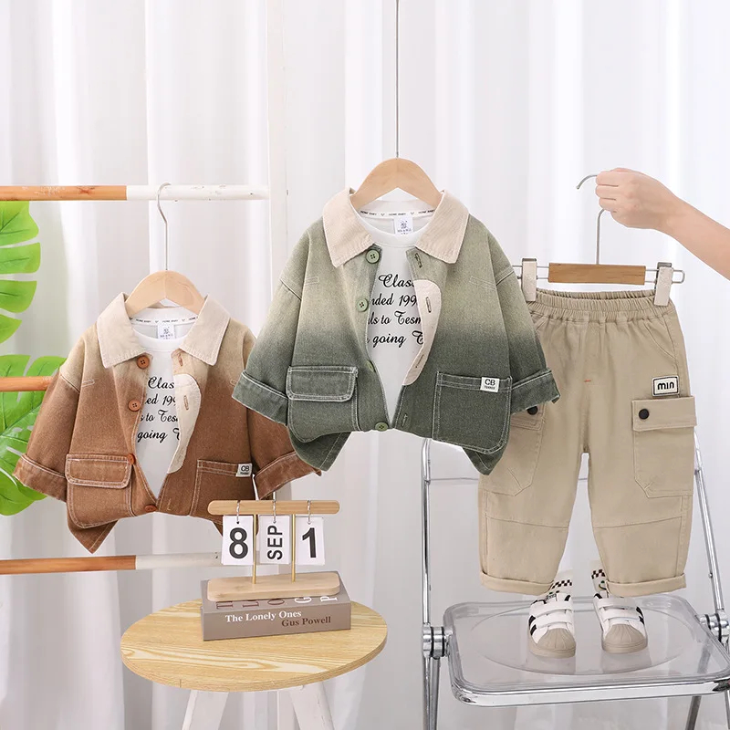2025년 봄 가을 신상 남자아이 캐주얼 데일리 그라데이션 데님 코트 긴팔 티셔..
