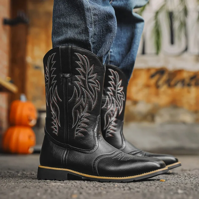 Men High Boots Embroidery Men Boots Retro Pu Leather Western Cowboy Boots Square Toe Casual Shoes Handmade Outdoor Mid-Calf Boot - 5