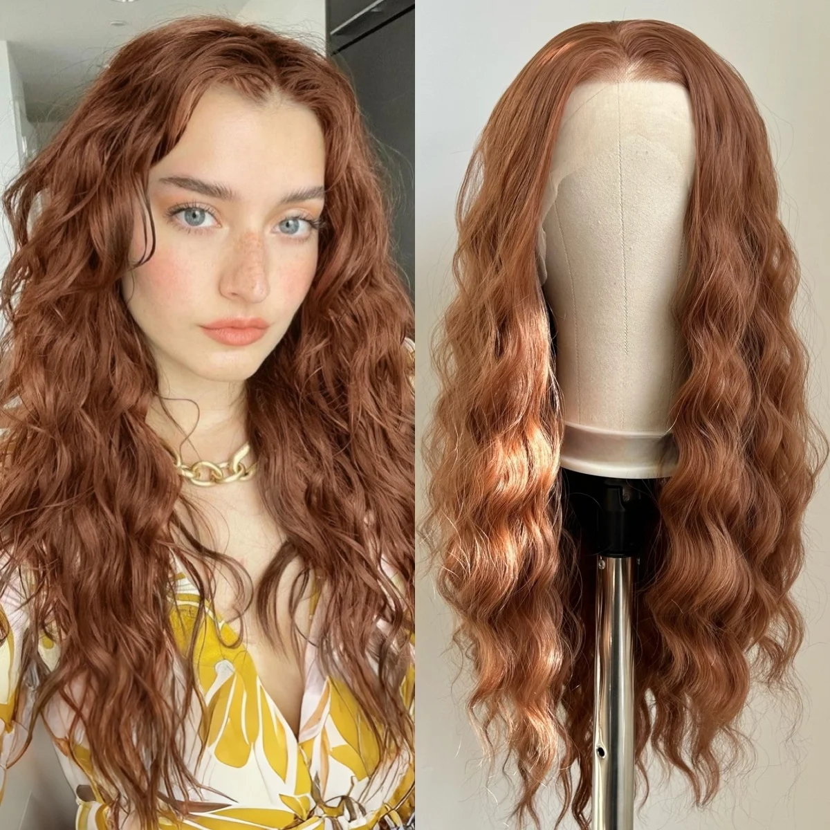 Long Curly Wavy Ginger Brown Synthetic Free Part Loose Curly Auburn Colored Heat Resistant Fiber Wigs for Women Daily Party Use