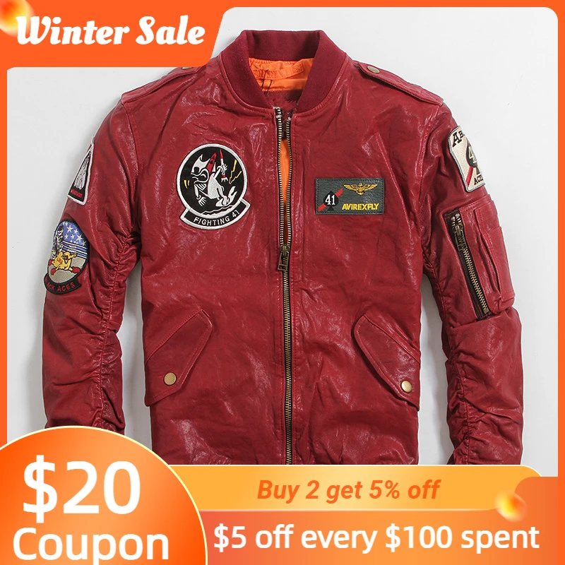 Chaqueta de cuero de piloto de estilo militar para hombre, abrigo de aviación de talla grande 6XL, piel de oveja Real, ajustado, color rojo, para primavera, 2022| | - AliExpress