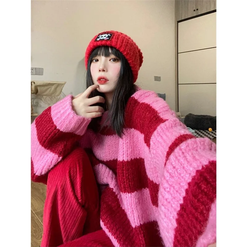 

Deeptown Y2K Korean Style Striped Oversize Pink Sweater Women Punk Streetwear Harajuku Hip Hop Jumper Female Red Top Winter 2021
