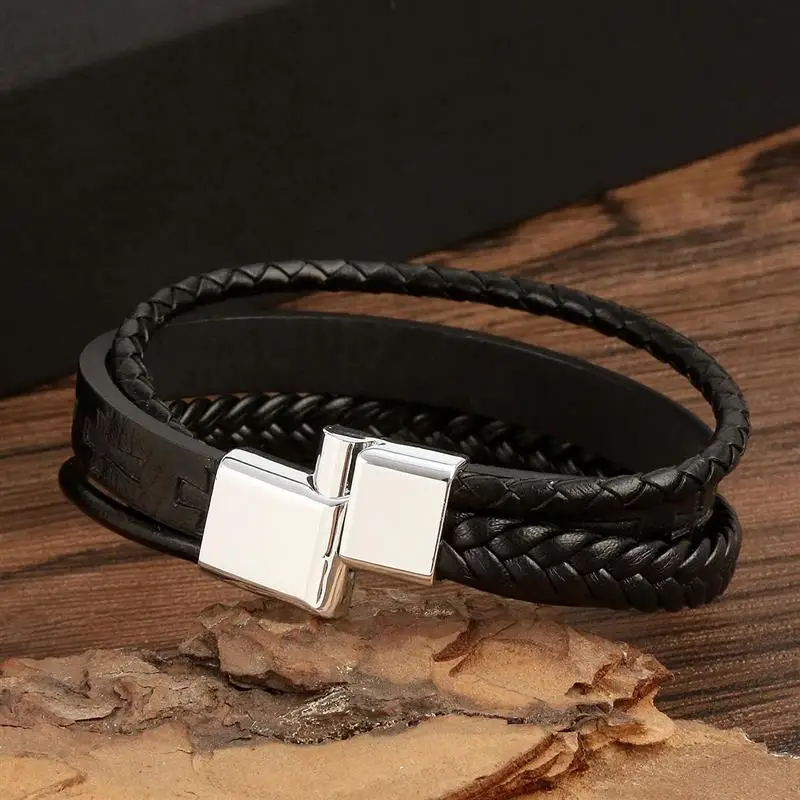 Leather Bracelet Men Cross Vintage Handwoven Hip-Hop Punk Jewelry Gift