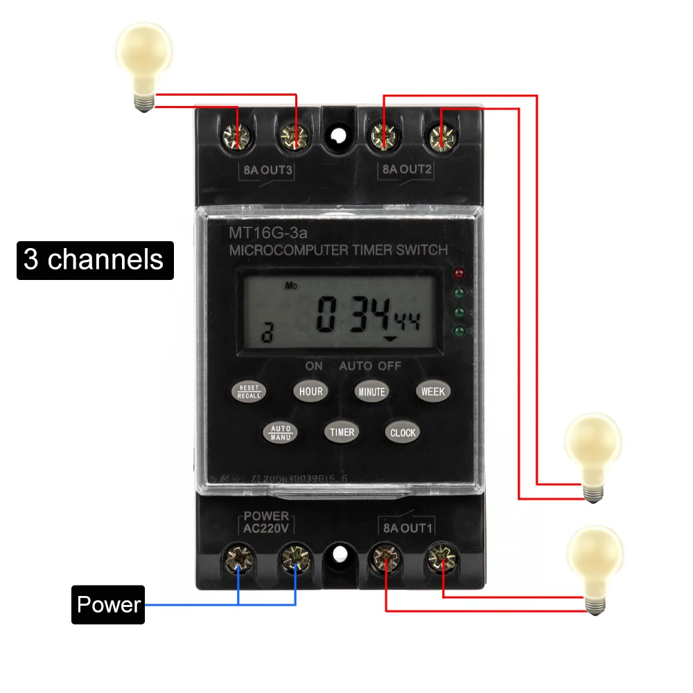 ManHua MT16G-3a Electronic Programmable Time Switch 220VAC 25A 3 Channels Digital Timer Timer Switch Time Relay Din Rail Mount 3