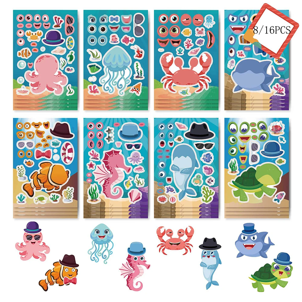 8/16Sheets Cute Cartoon Marine Animal Make a Face Stickers for Kids Toy Educational Decoration Children Game Jigsaw Sticker Pack 3d magic infinite mirror multi layer sunrise led neon make up mirror sign home room decoration lights night lamp custom gifts